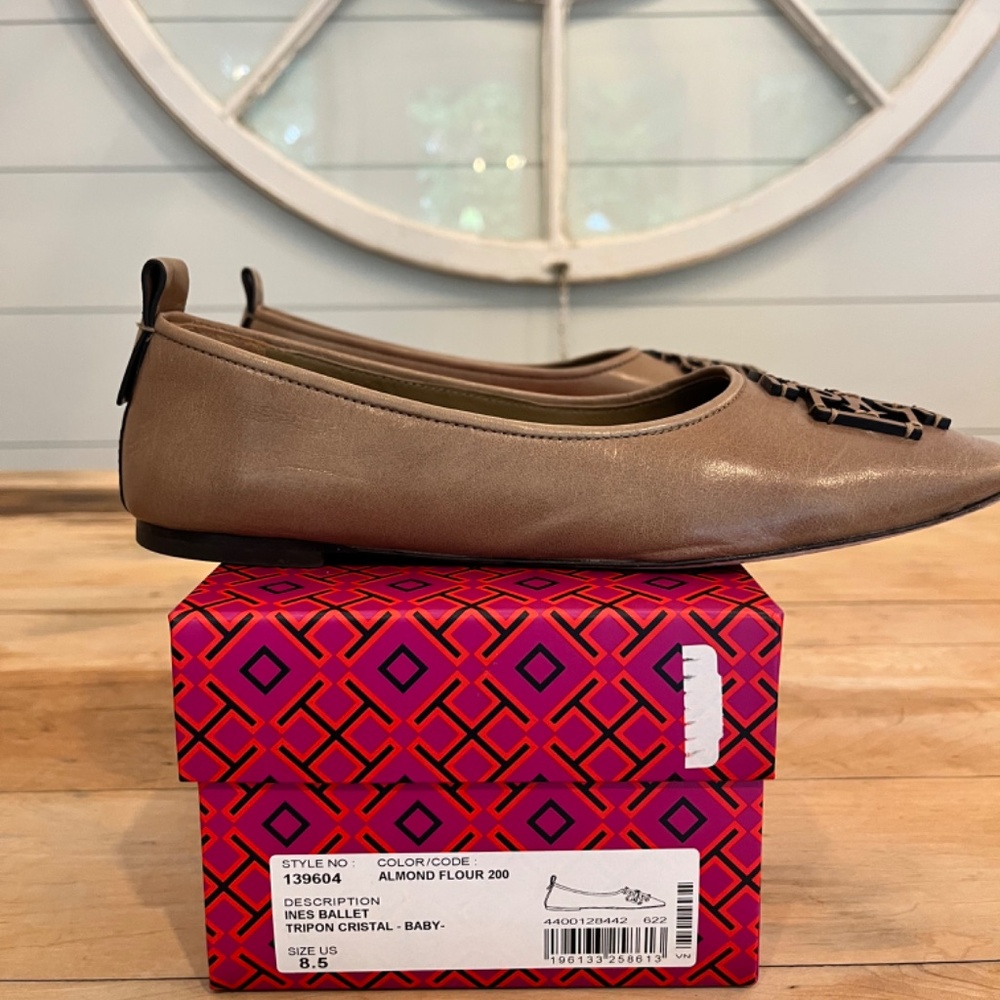 Tory Burch Ines 139604 Brown Leather Square Toe Slip On Ballet Flat Womens 8.5 - Picture 2 of 4